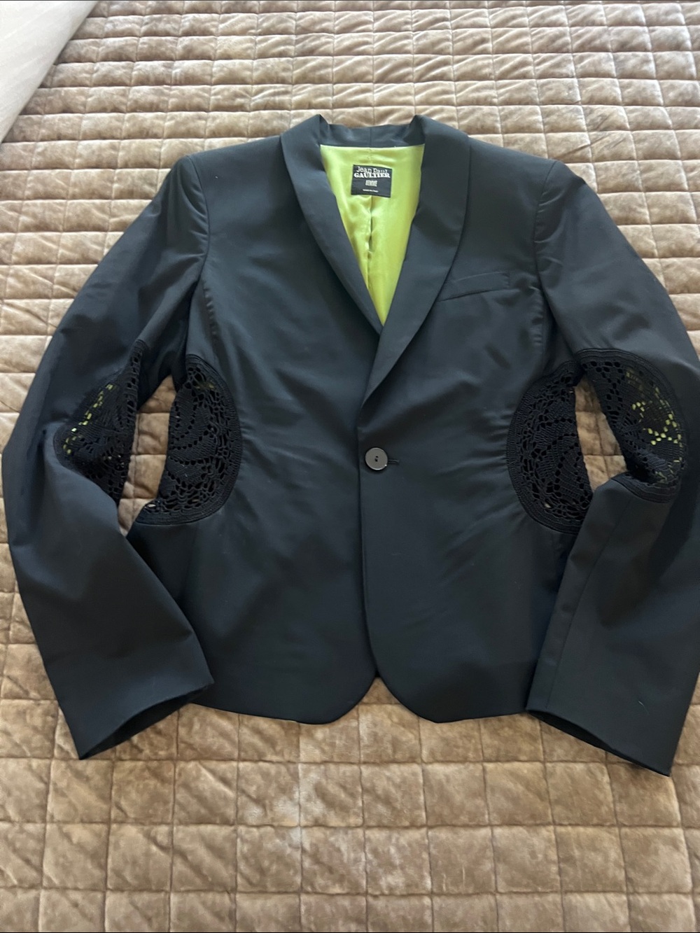 Jean Paul Gaultier Black Blazer with Lime Green Lining and Crochet Insets